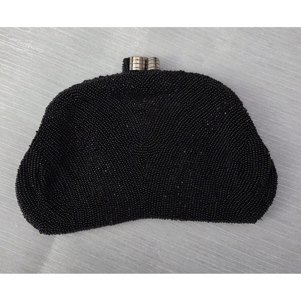 Vintage Black Hand Beaded Evening Bag Purse‎ Clutch Belgium w/ Original Mirror